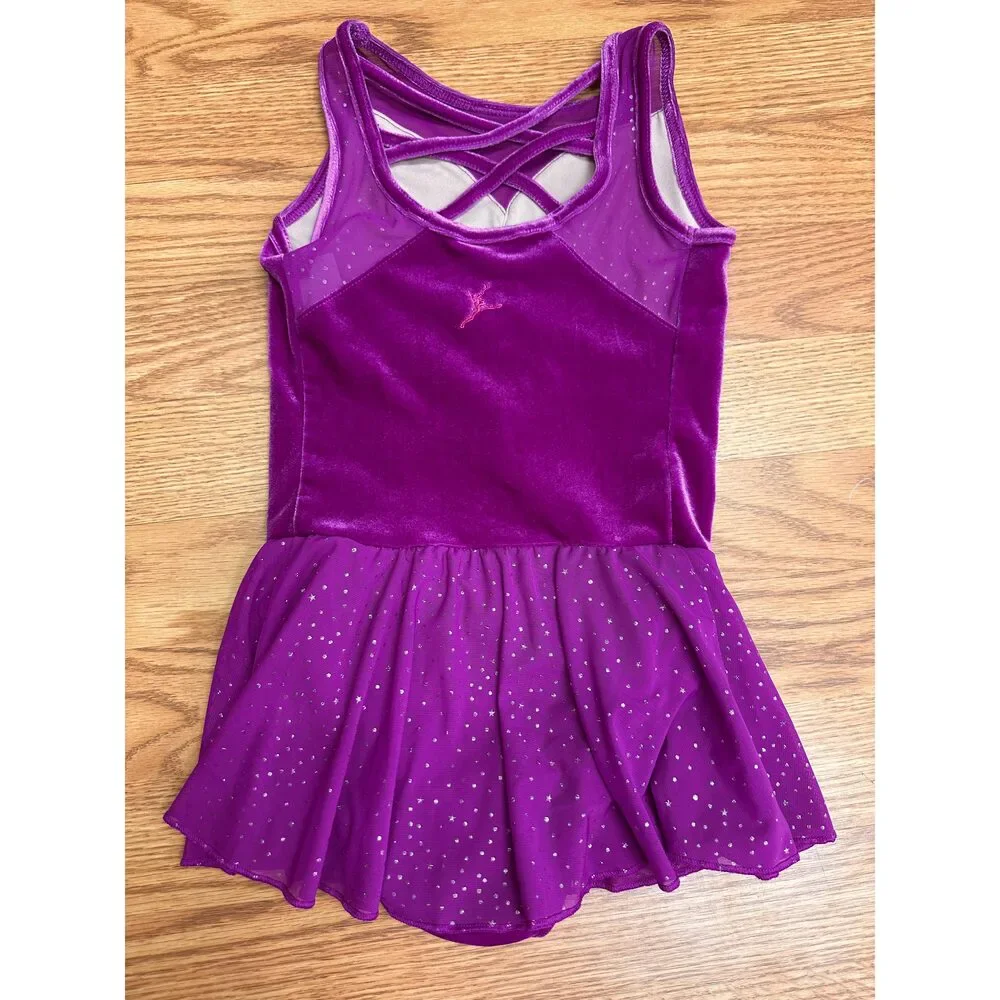 Pre-Owned Dance Leotard Dress XS Child Dark Pink Capezio Sparkle Sleeve Velvet
